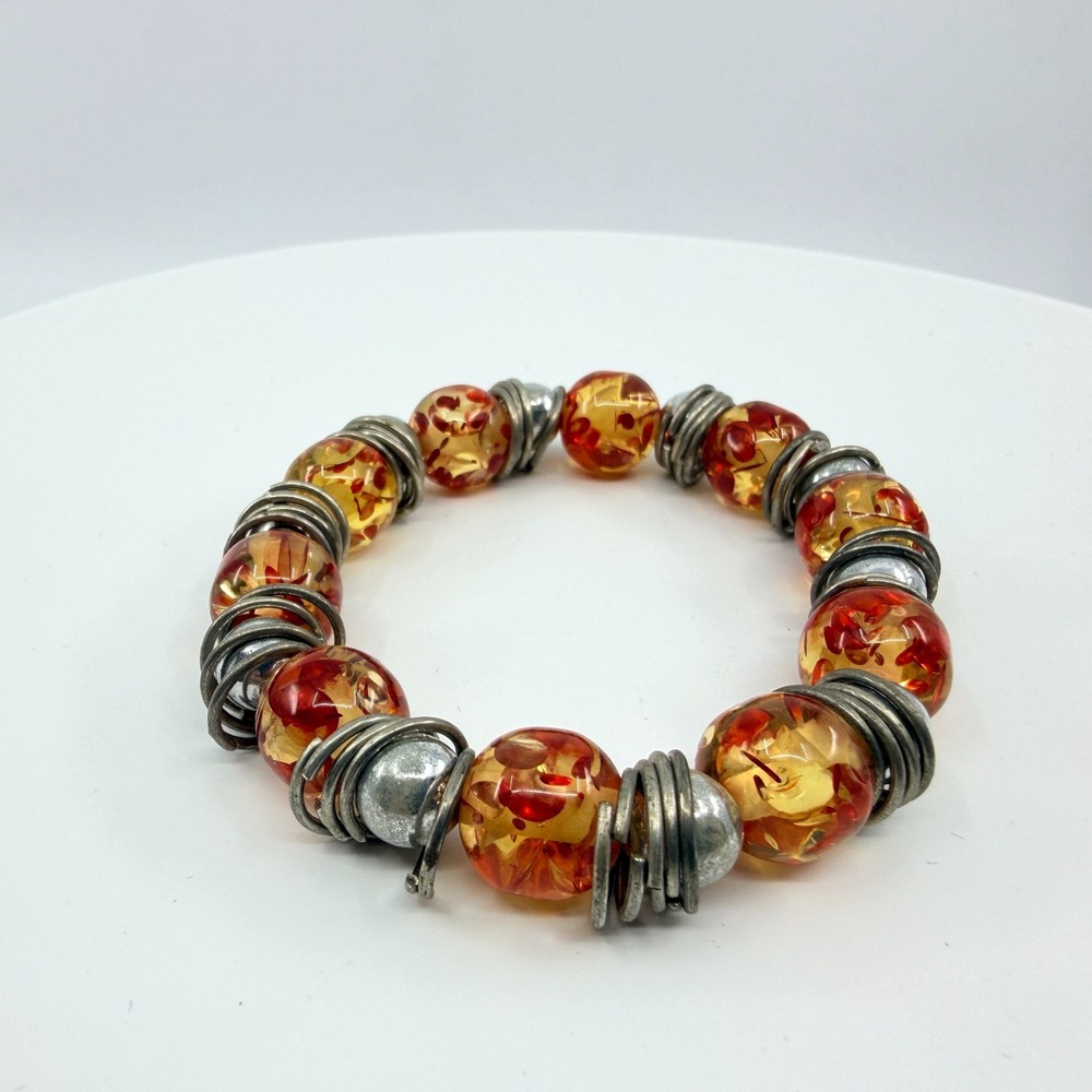Vintage Faux Amber Lucite Bead Stretch Bracelet Silver Tone Boho 90s